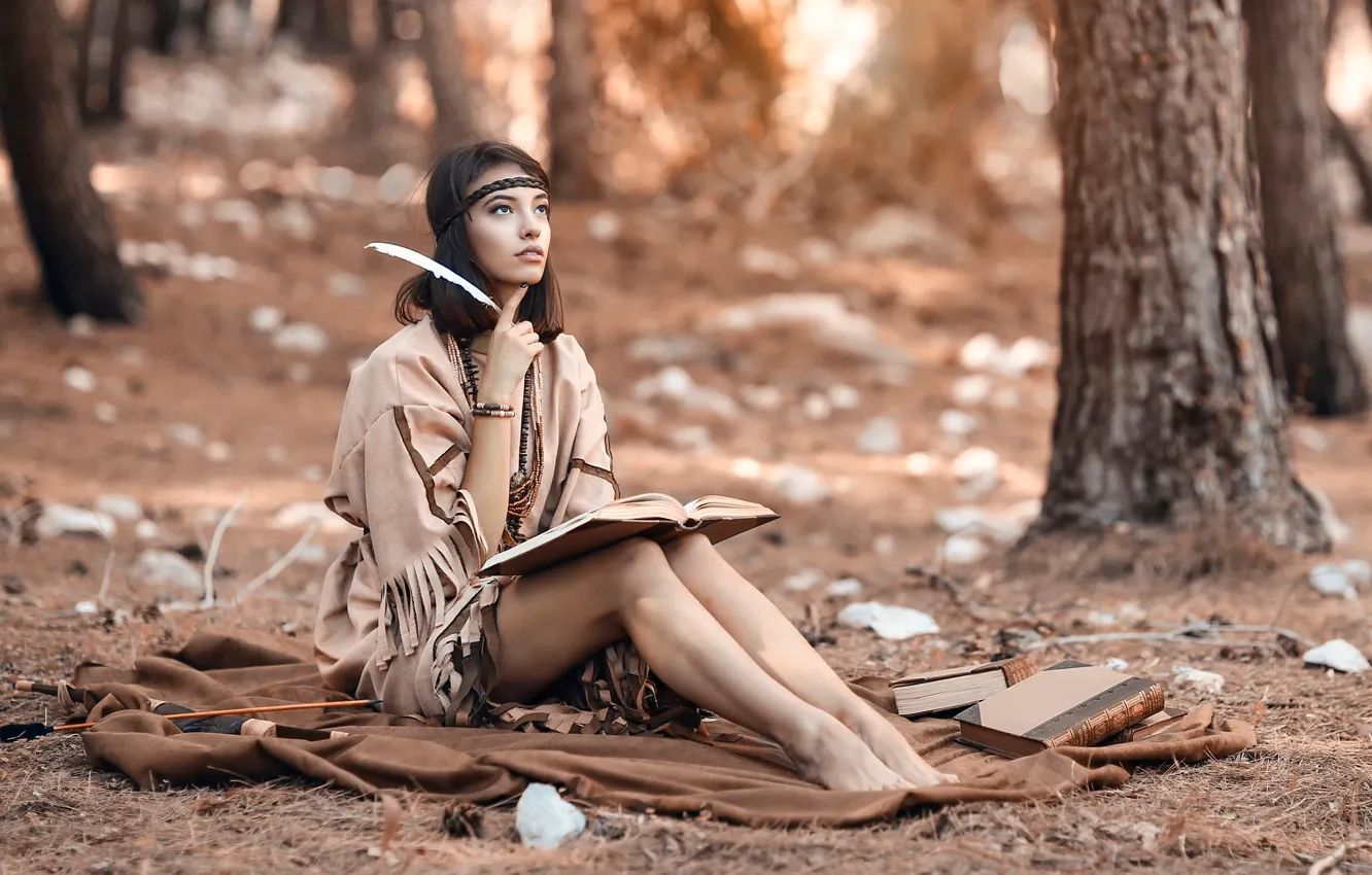 Фото обои лес, девушка, перо, книга, Alessandro Di Cicco, Woods Wonder