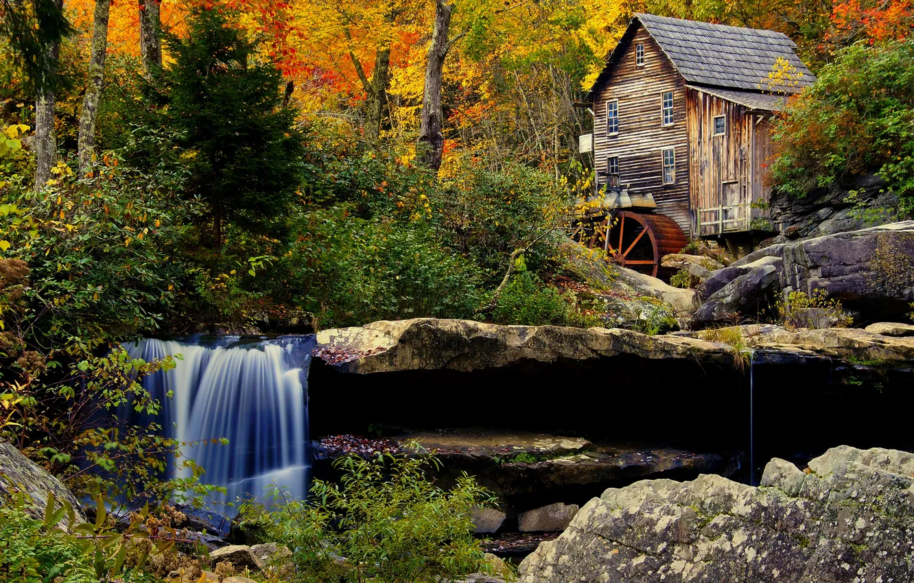 Фото обои осень, лес, деревья, камни, водопад, водяная мельница