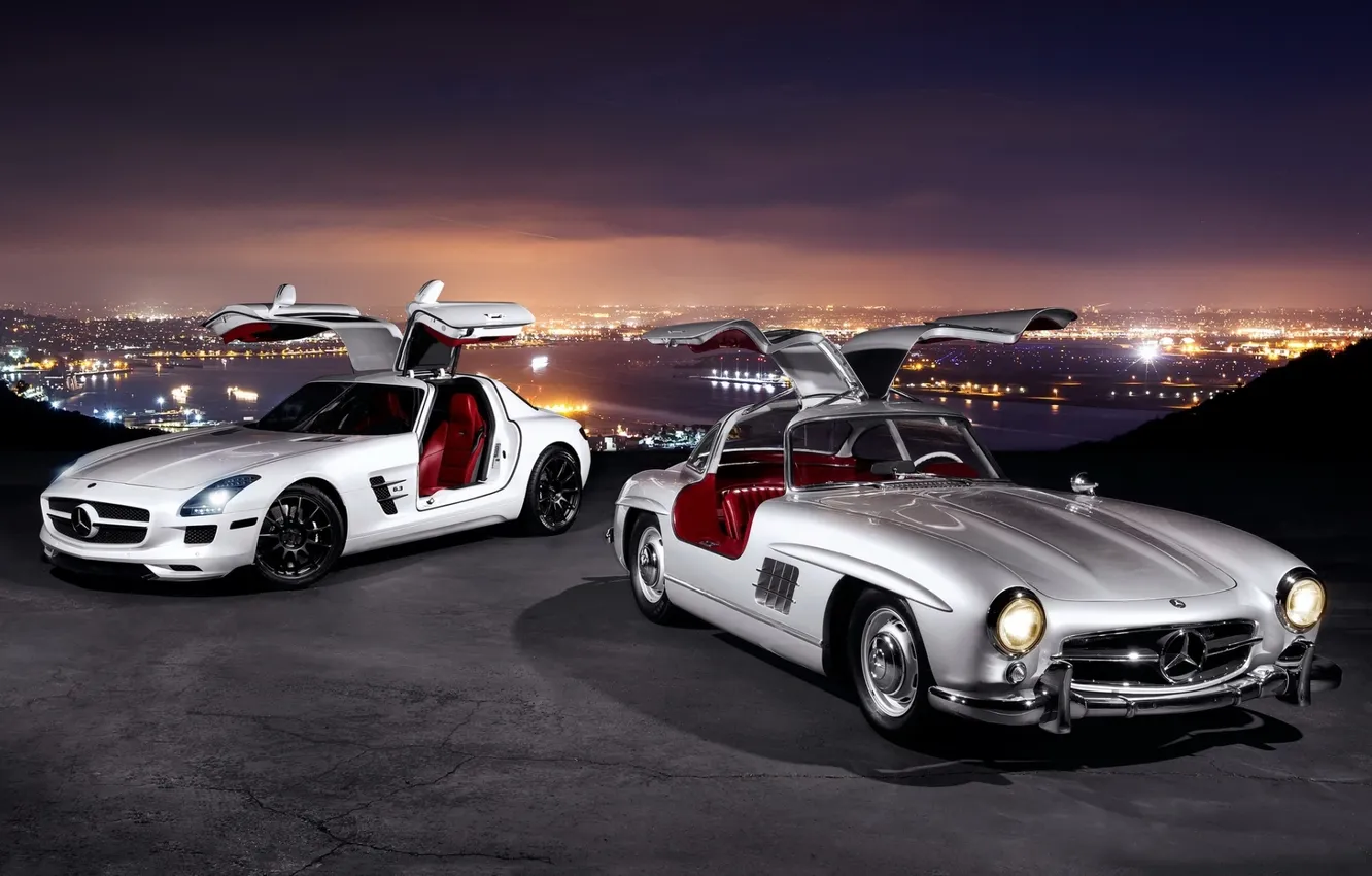 Фото обои фон, Mercedes-Benz, двери, Мерседес, панорама, AMG, SLS, передок