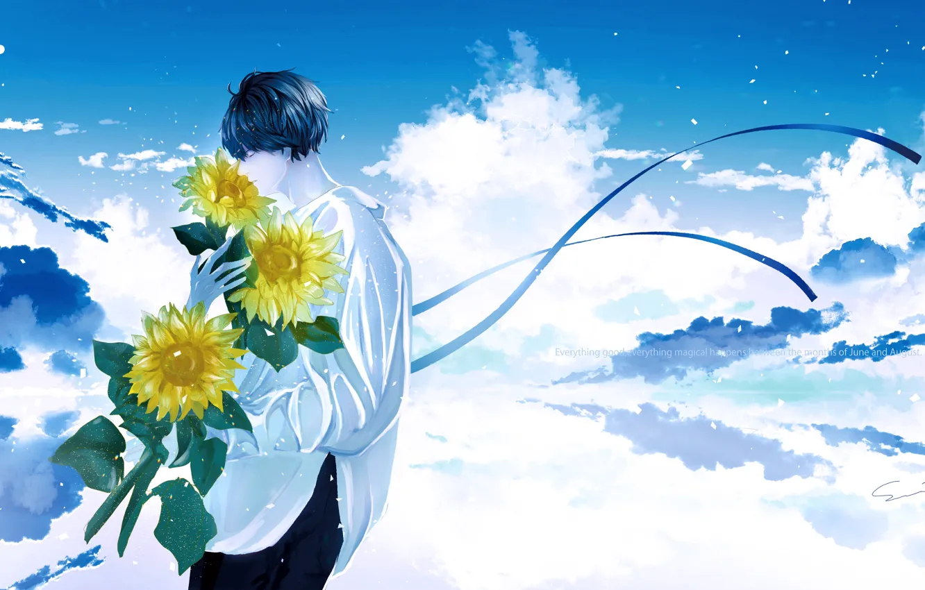 Фото обои облака, подсолнухи, цветы, парень, by 世