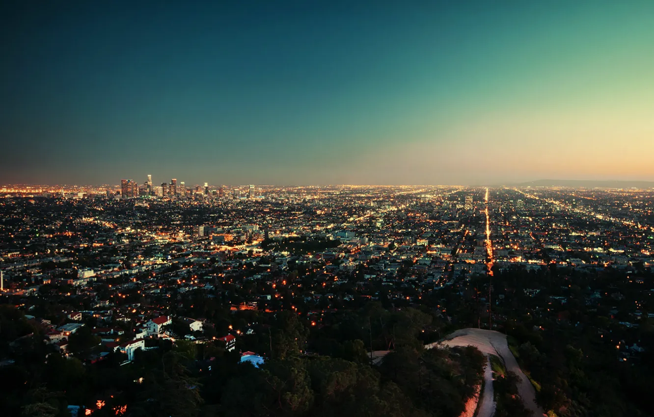 Фото обои закат, city, город, огни, вечер, сверху, Los Angeles