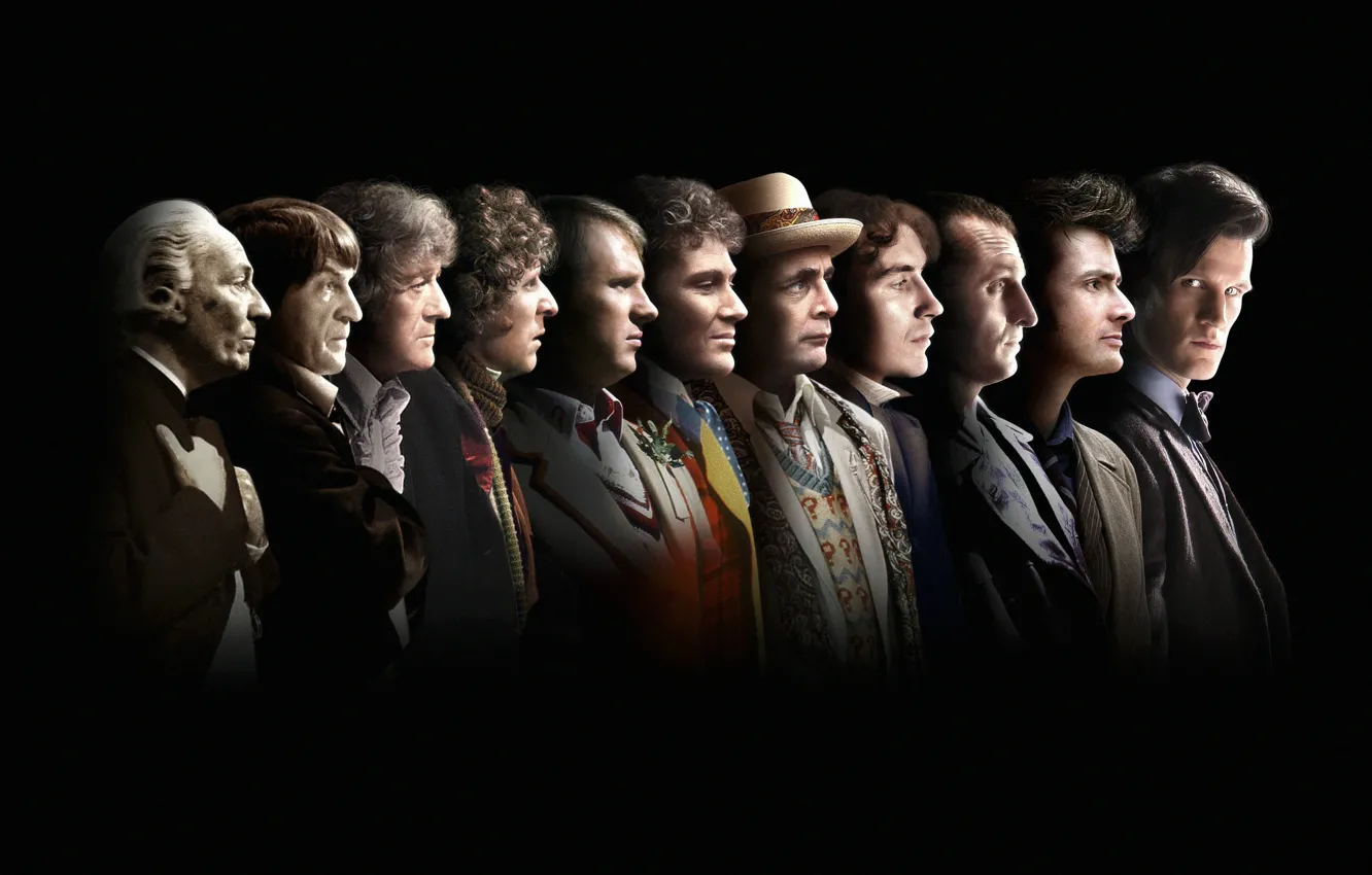 Фото обои взгляд, лица, профиль, сериал, черный фон, актеры, Doctor Who, мужчины