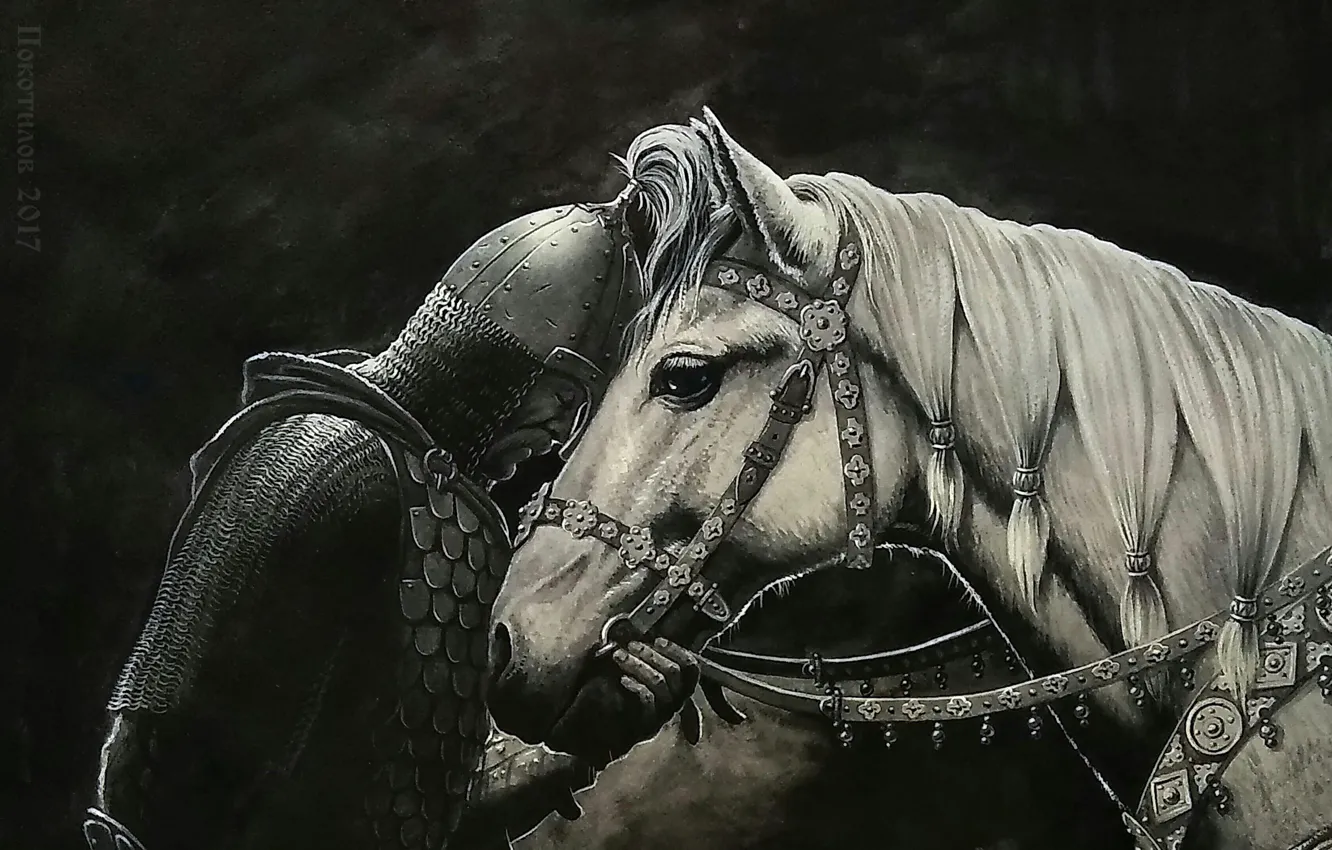 Фото обои Конь, Воин, Шлем, Кольчуга, Доспех, Вещий Олег, Прощание с конём, Сбруя