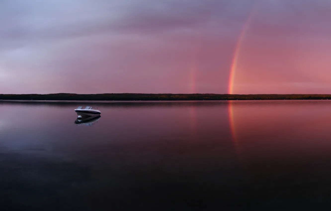 Фото обои озеро, лодка, Вечер, радуга