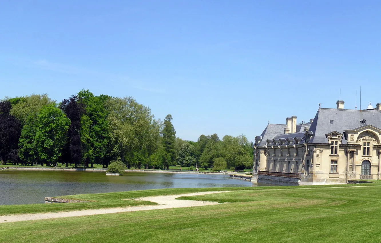 Фото обои пруд, замок, Франция, панорама, Шантийи