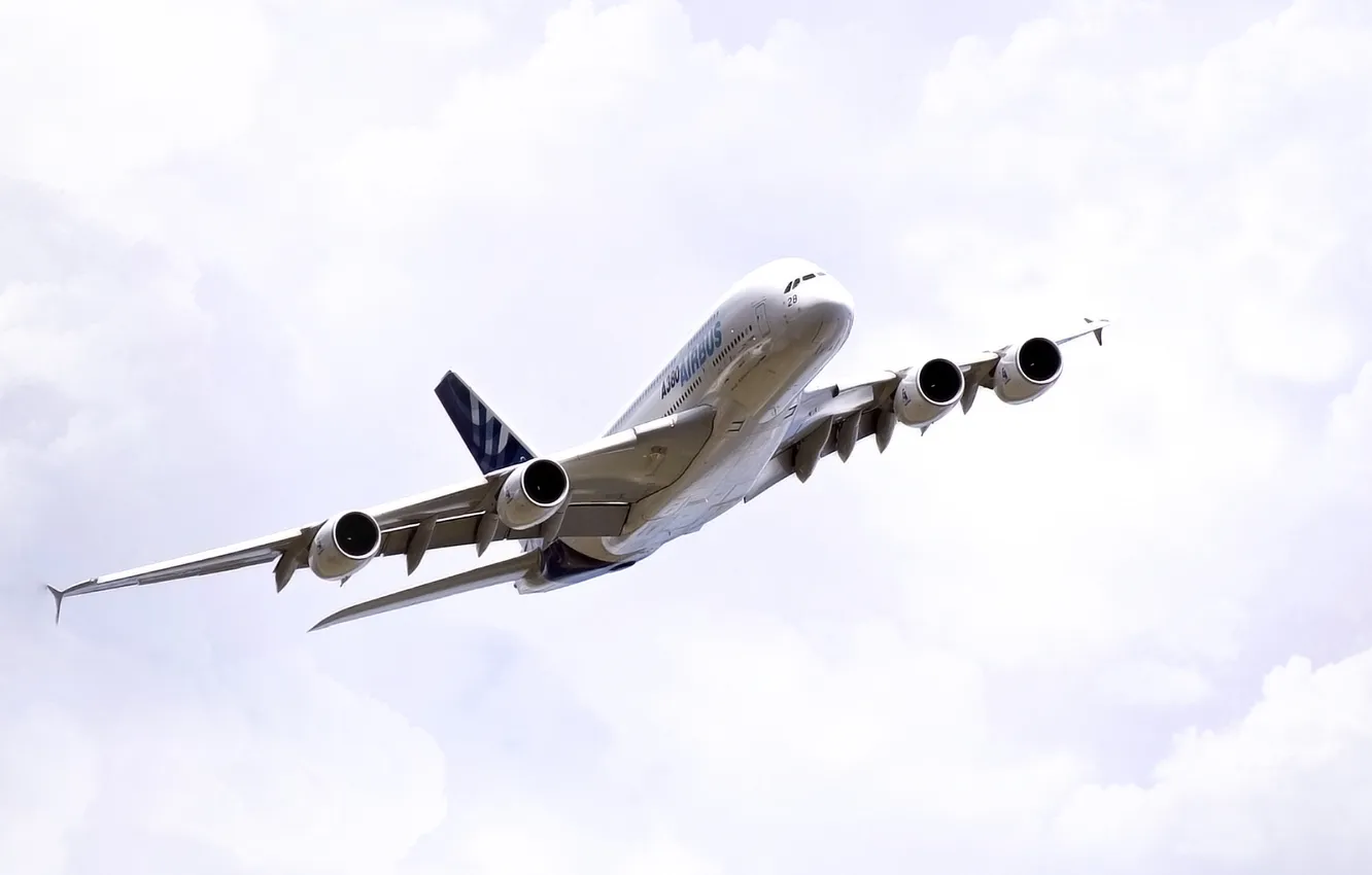 Фото обои Небо, Белый, Самолет, Авиация, A380, Airbus, В воздухе, Летит