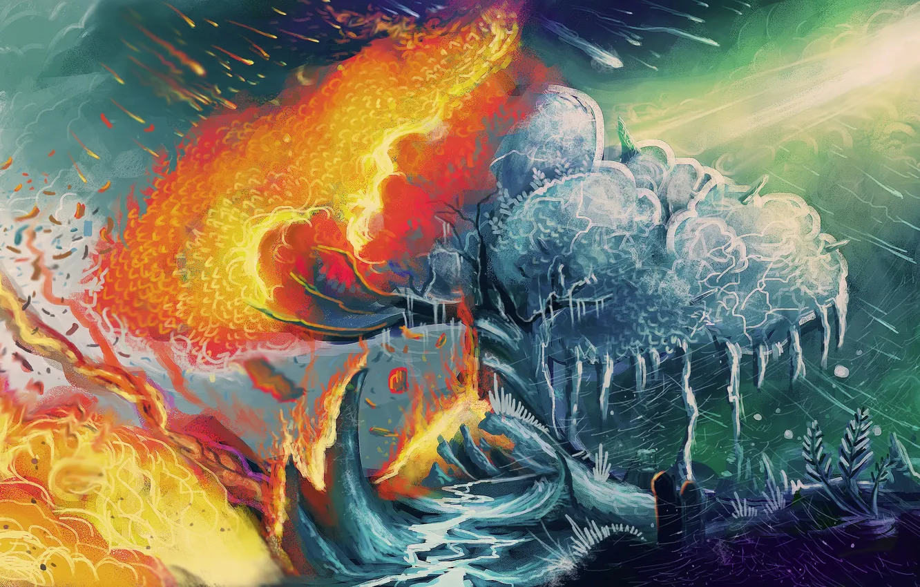 Фото обои дерево, огонь, лёд, арт, контраст