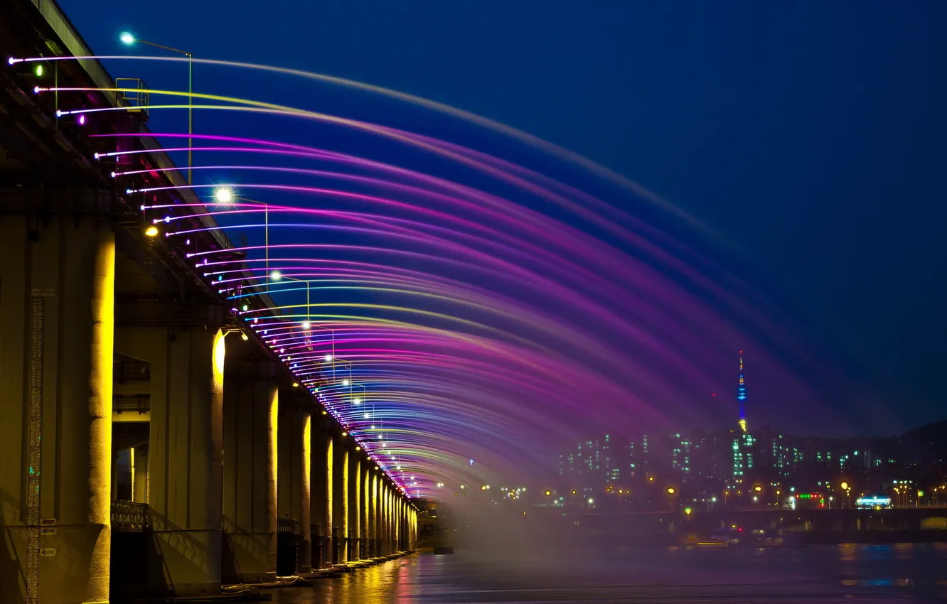 Фото обои вода, свет, ночь, мост, город