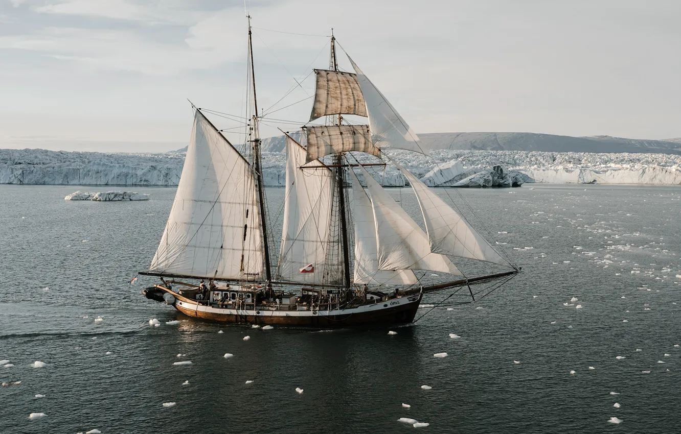 Фото обои парусник, льдины, водоём, Expedition to King Oscar fjord, eastern Greenland