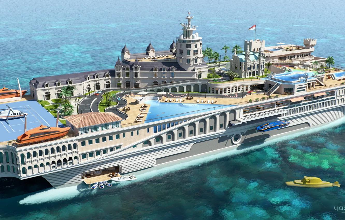 Фото обои проект, superyacht, Futuristic, яхта-остров, gesign, Yacht-city, Streets of Monaco
