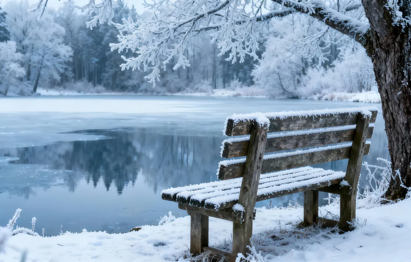 Фото обои зима, иней, лес, вода, снег, скамейка, ветки, пруд