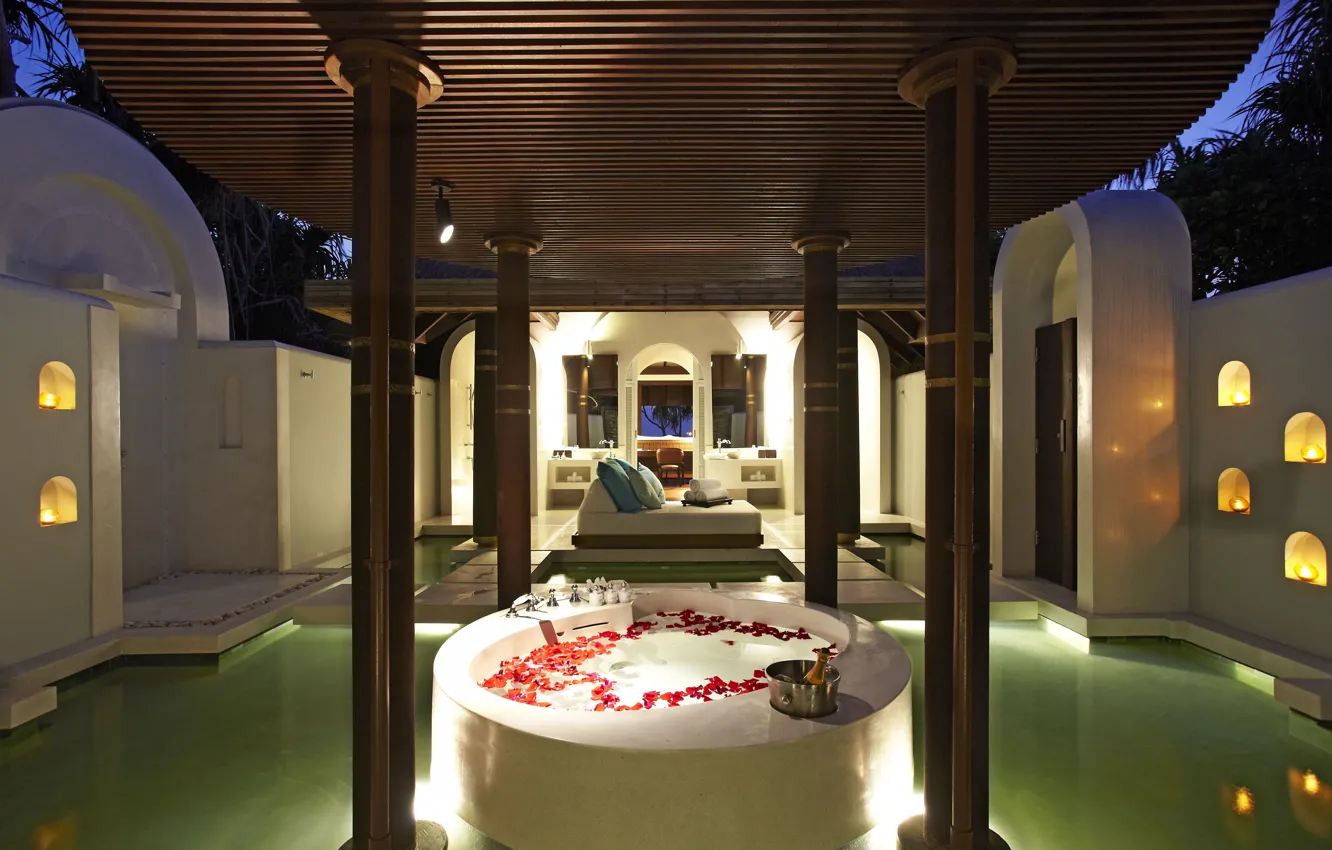 Фото обои бассейн, ванна, зеркала, лежак, pool, interior, свечи.
