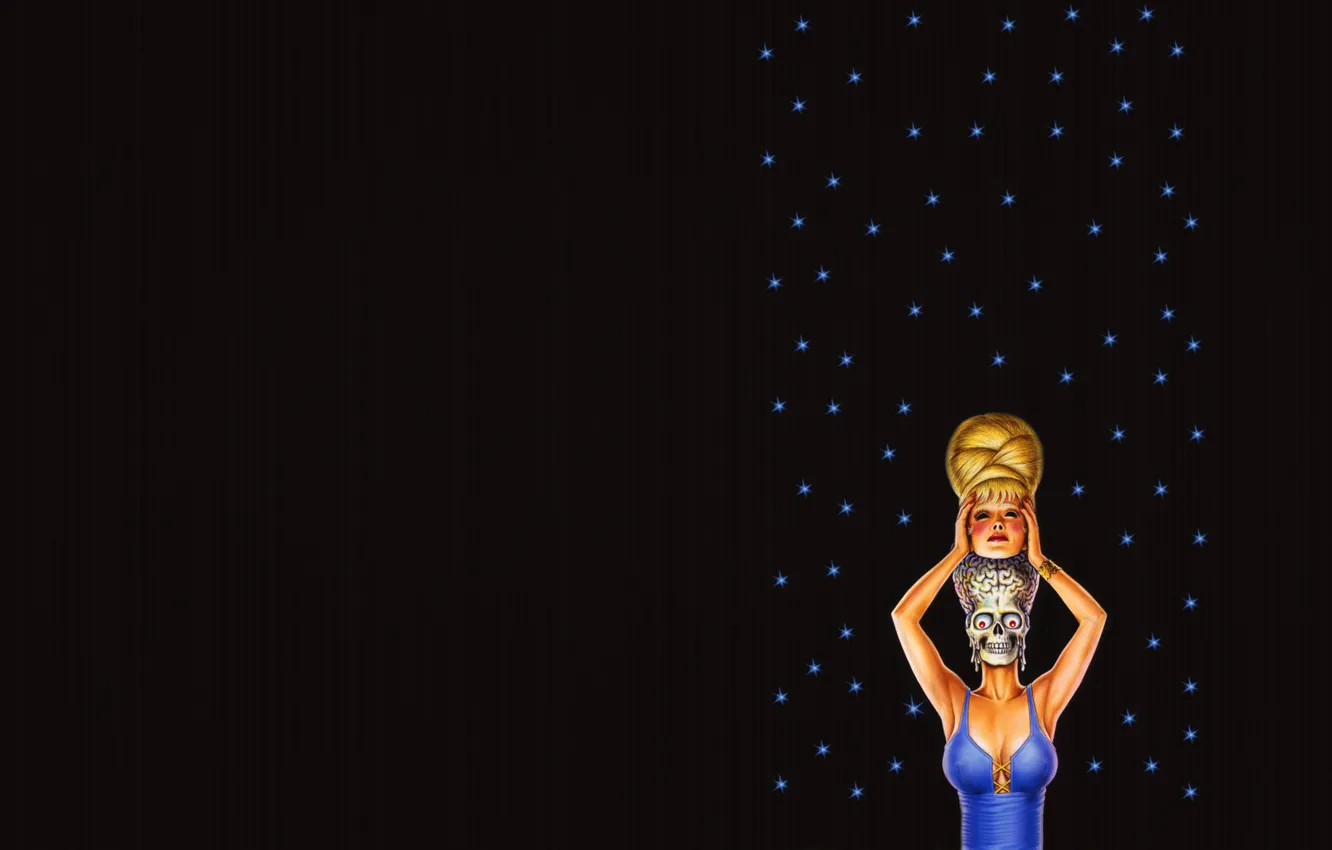 Фото обои девушка, звезды, полосы, темный фон, череп, минимализм, голова, инопланетянин
