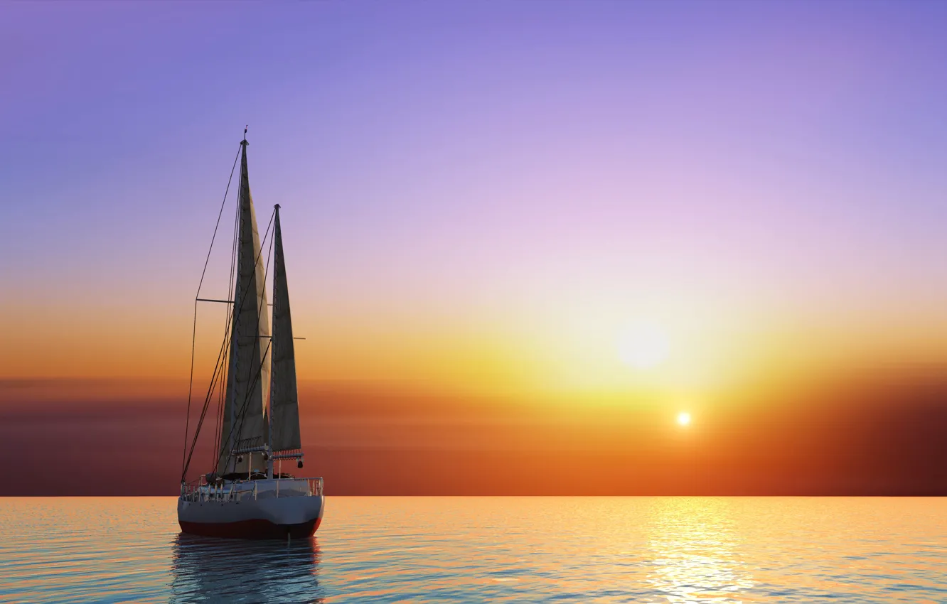 Фото обои море, небо, солнце, закат, графика, яхта, горизонт, зарево