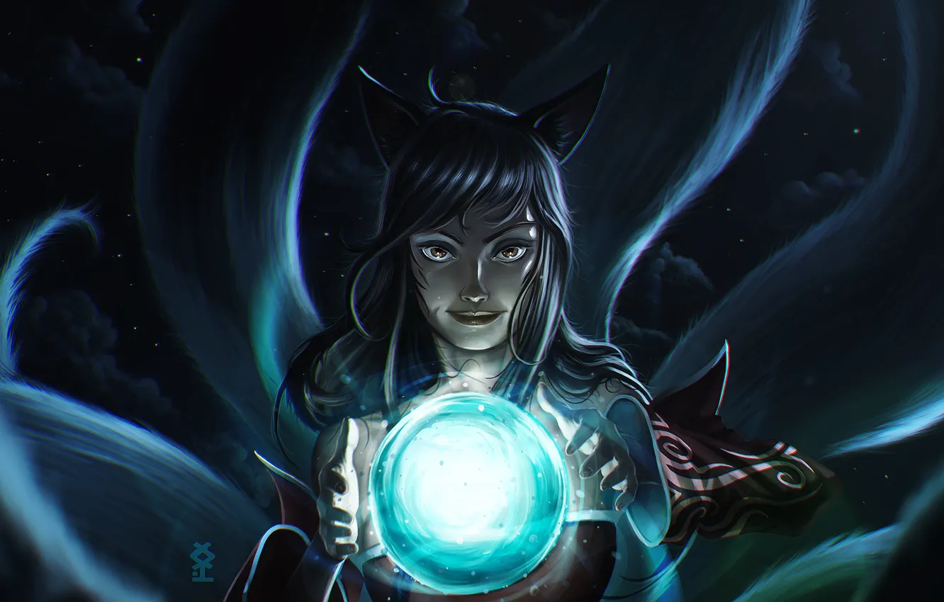 Фото обои девушка, лиса, lol, League of Legends, Ahri, Nine-Tailed Fox, orb