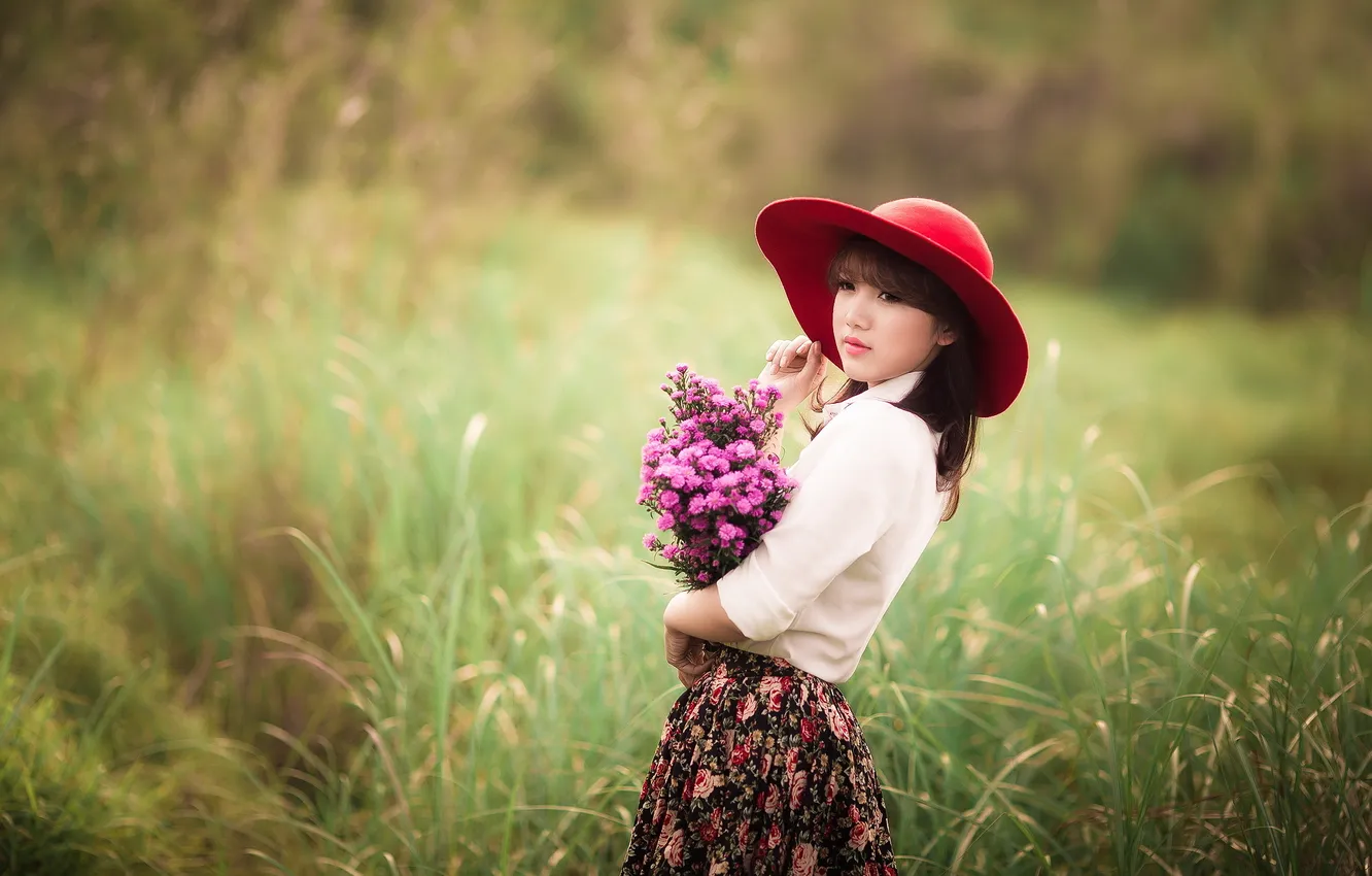 Фото обои девушка, цветы, природа, азиатка
