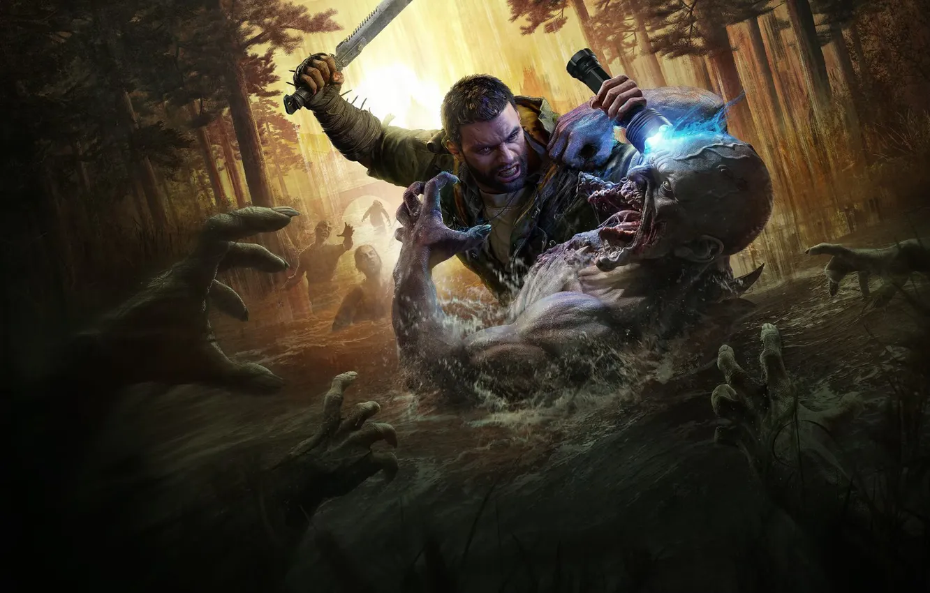 Фото обои zombie, forest, monster, man, survivor, blade, strong, dying light
