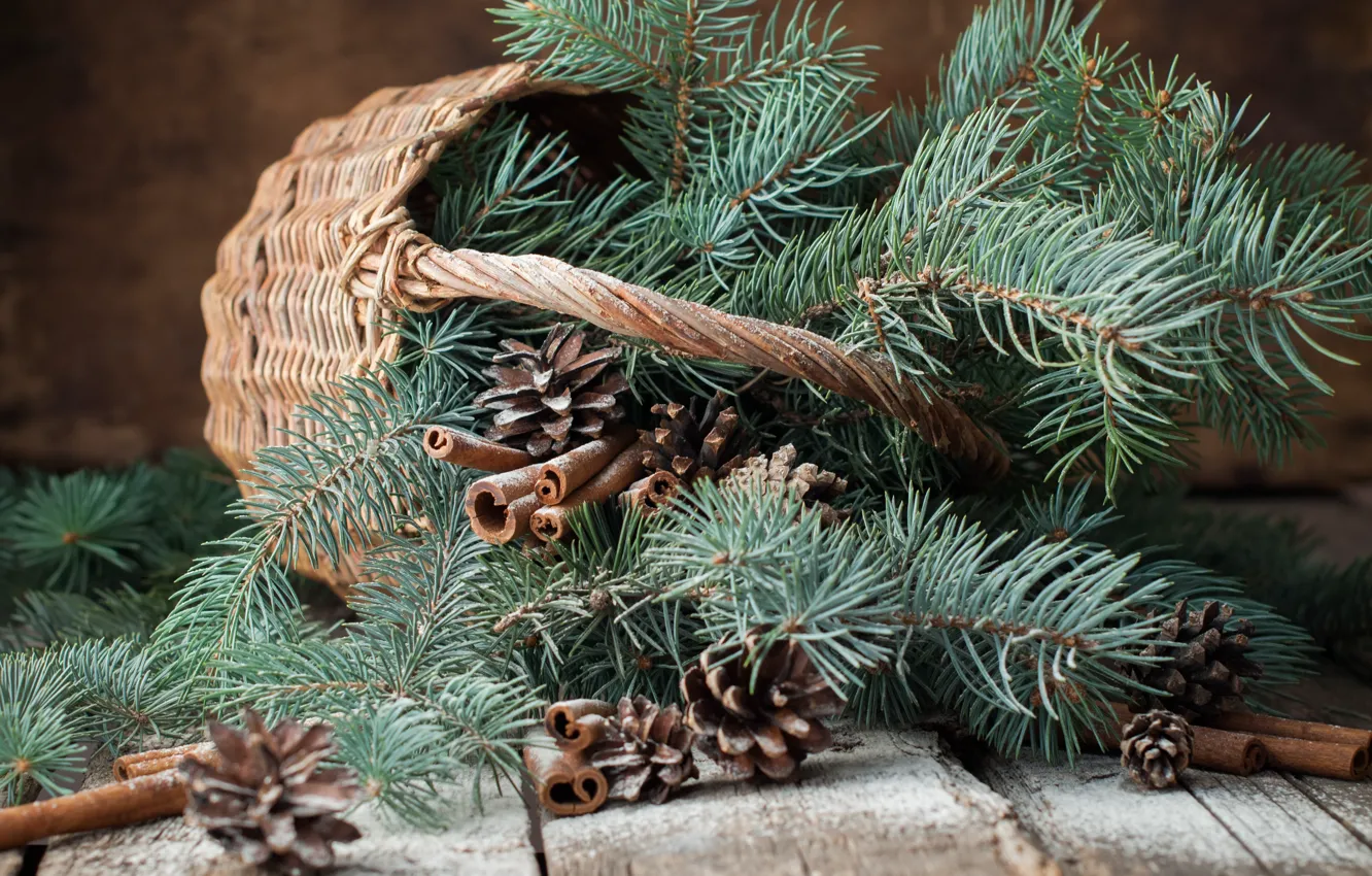 Фото обои ветки, корзина, елка, Новый Год, Рождество, шишки