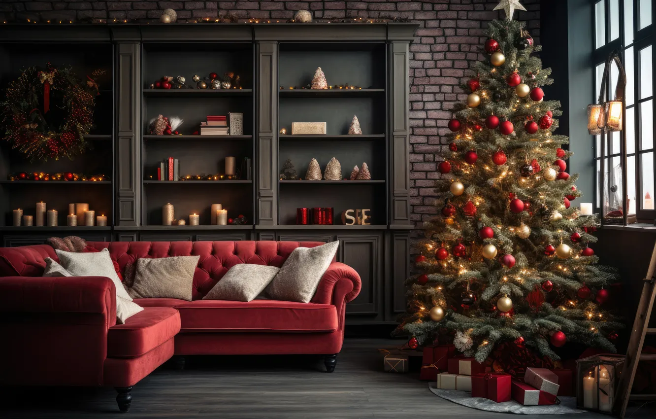 Фото обои комната, елка, интерьер, Рождество, Новый год, Christmas, tree, interior