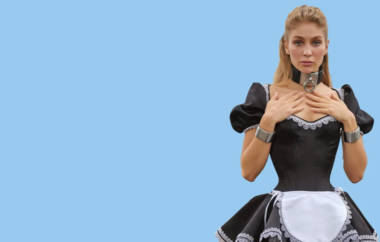 Фото обои women, blonde, collar, shackles, maid outfit, cuffs, Leila Herring