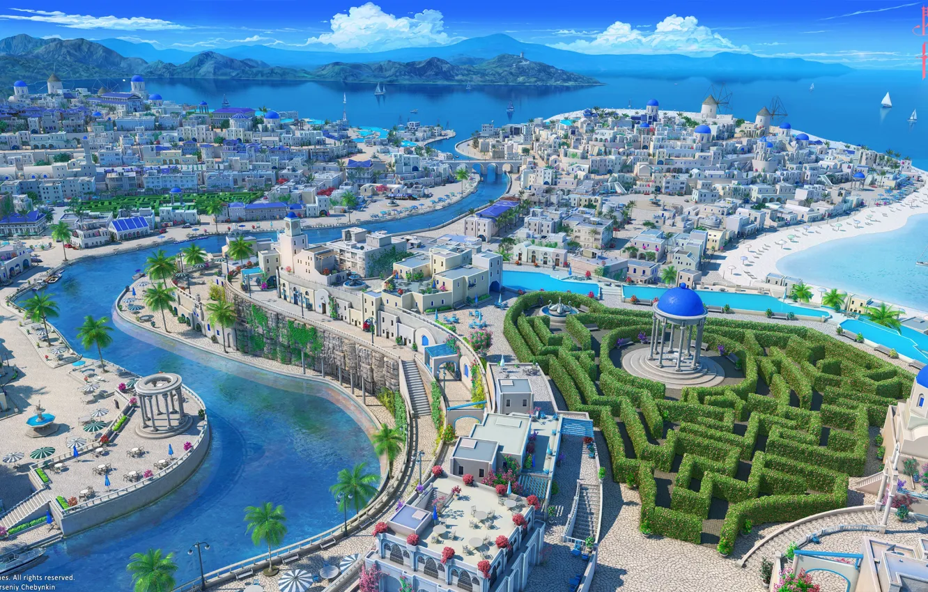 Фото обои город, река, панорама, вид сверху