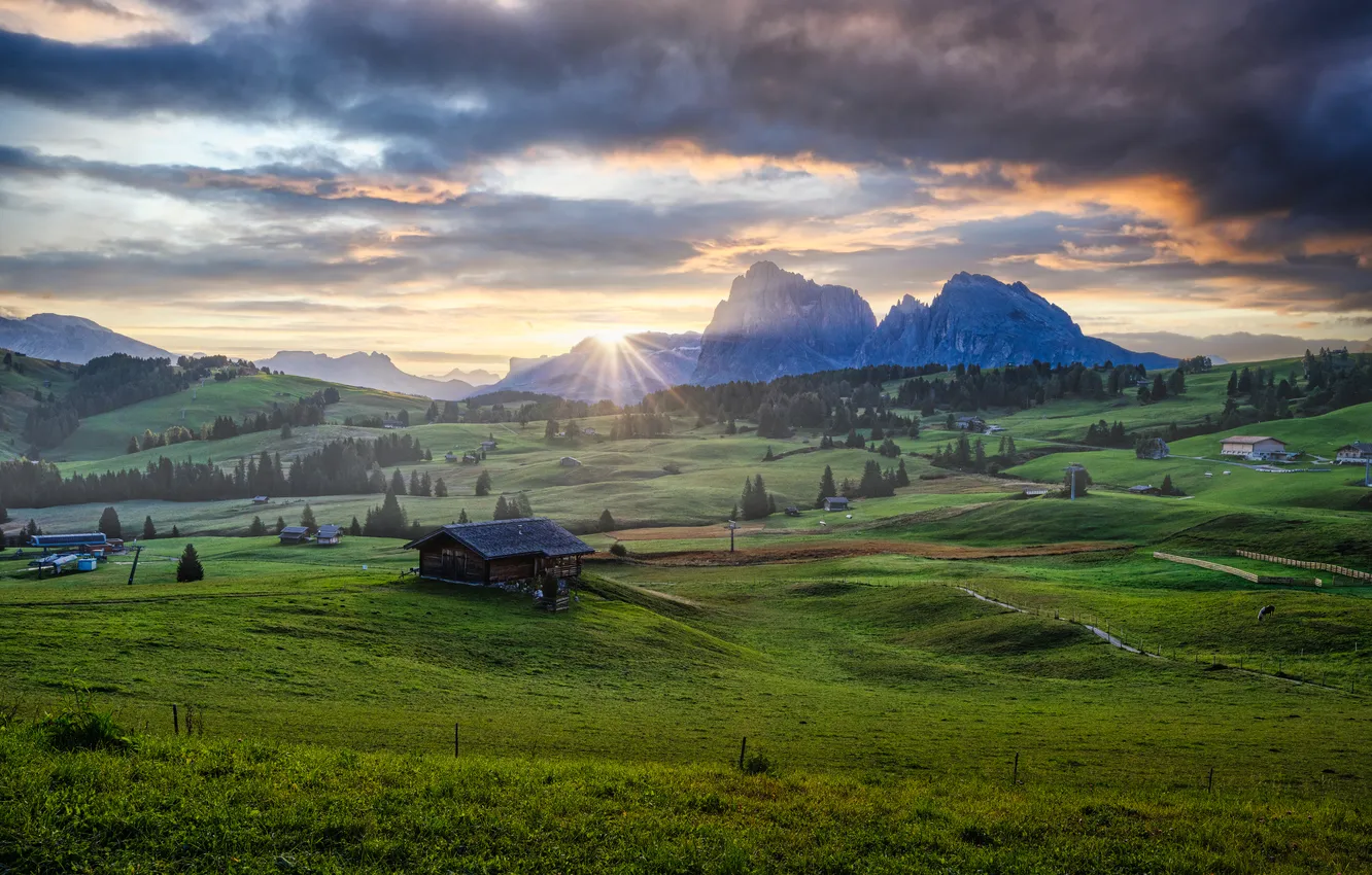 Фото обои sunset, mountains, countryside, construction