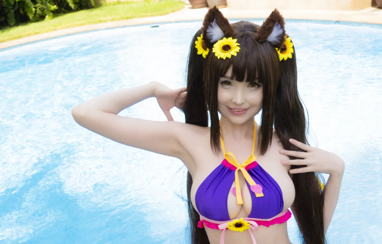 Фото обои girl, sexy, pool, cleavage, long hair, boobs, animal ears, smile