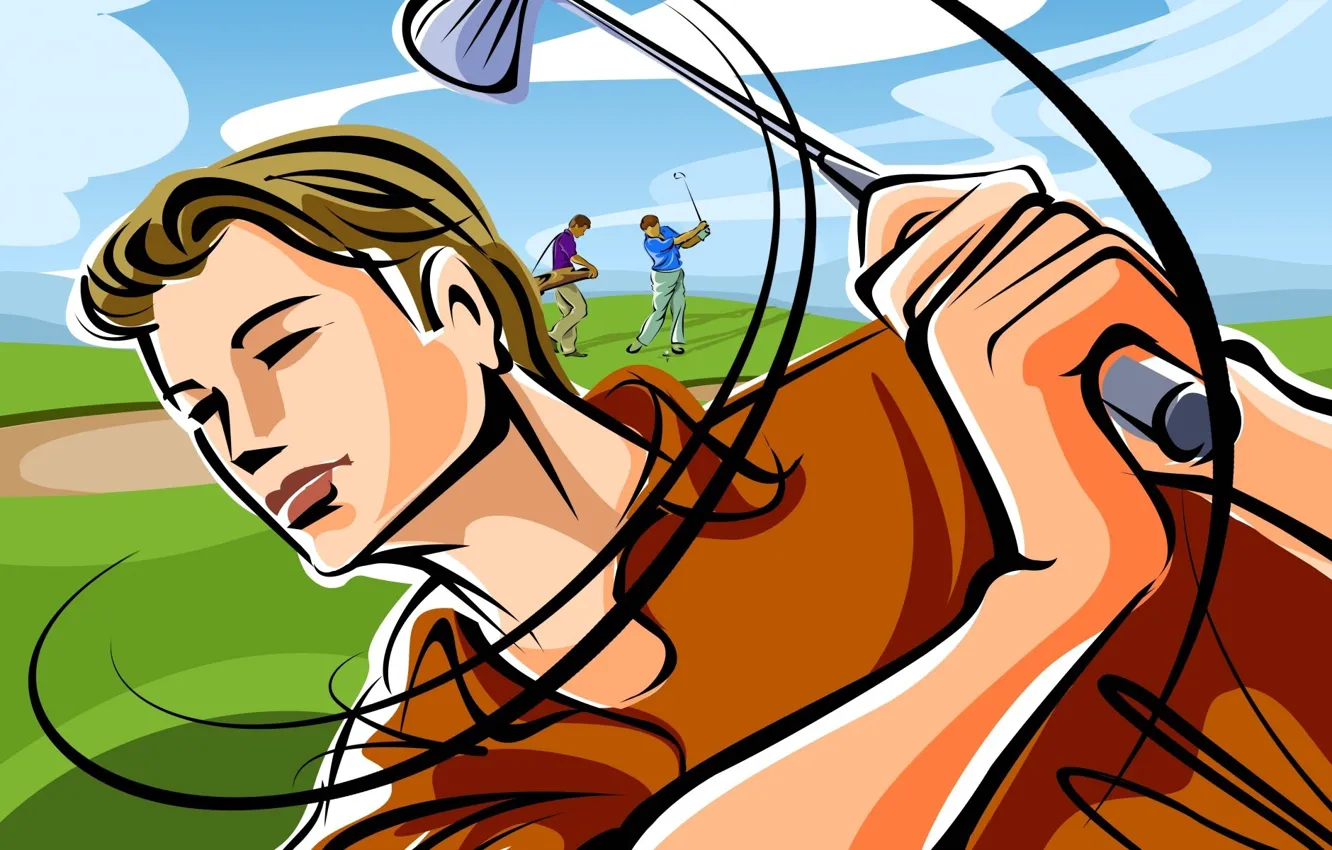 Фото обои поле, рисунок, вектор, удар, клюшка, гольф, игроки