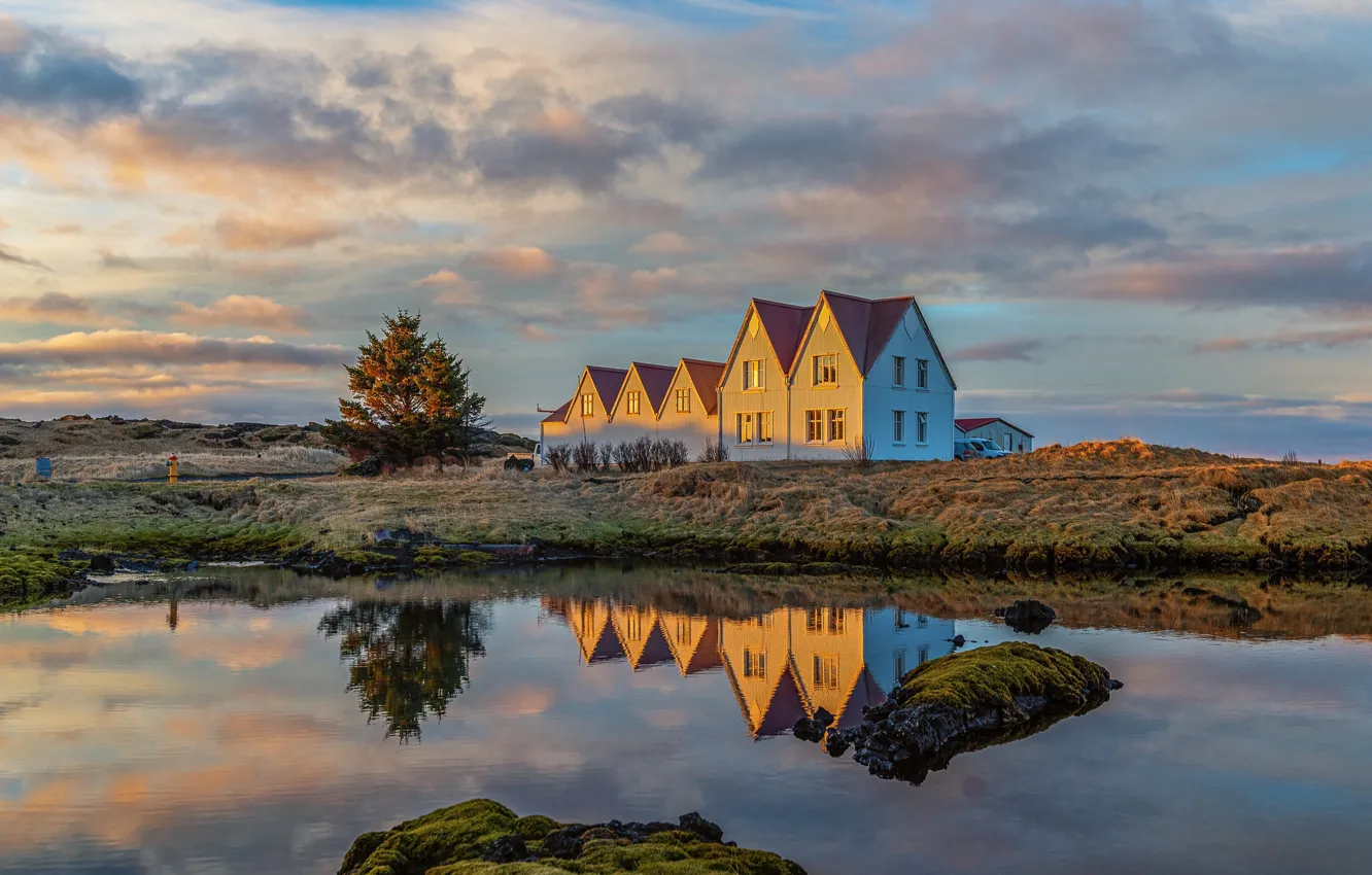 Фото обои озеро, домики, Исландия, Iceland
