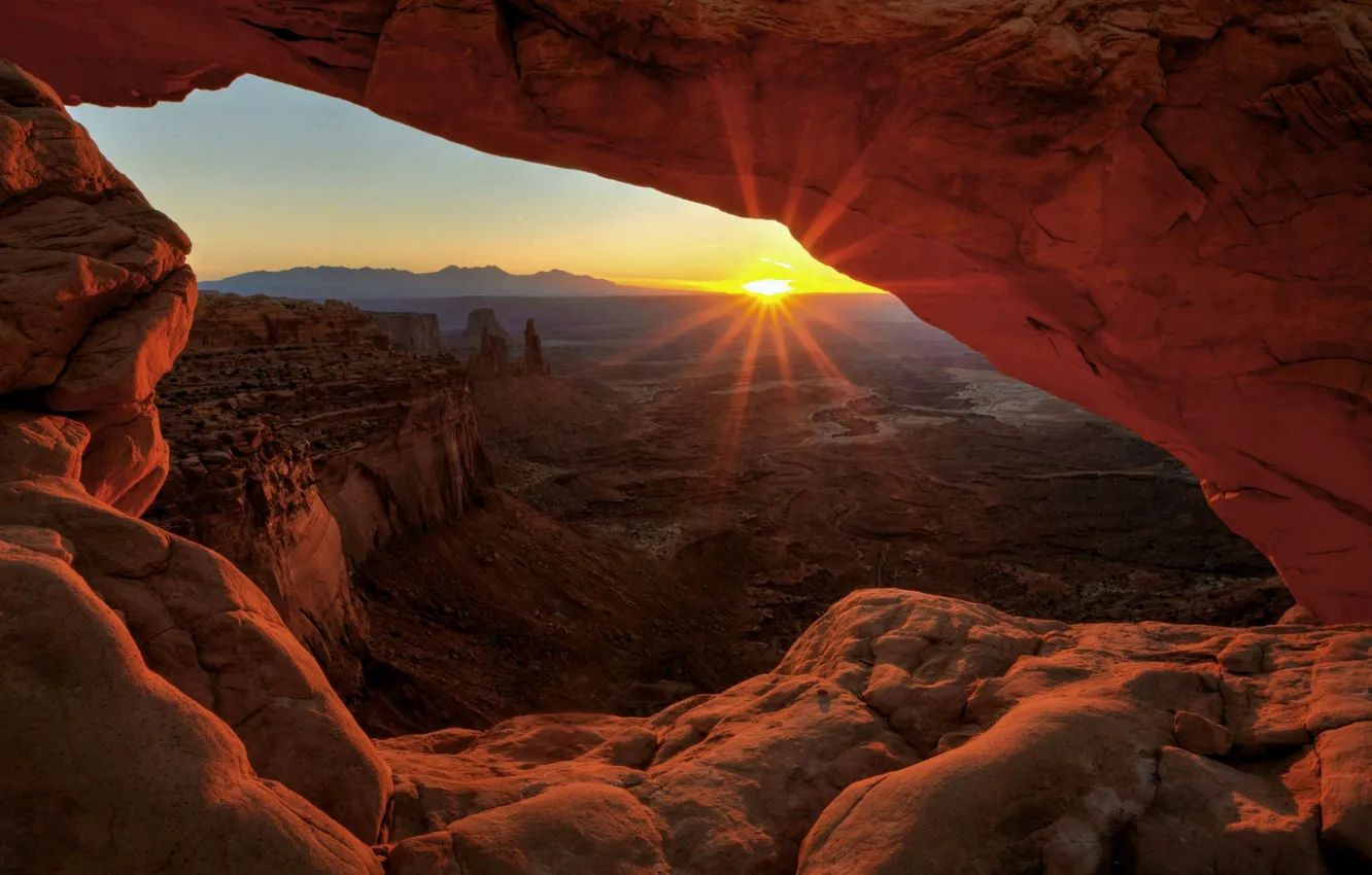 Фото обои солнце, закат, горы, скалы, ущелье, Юта, США, национальный парк
