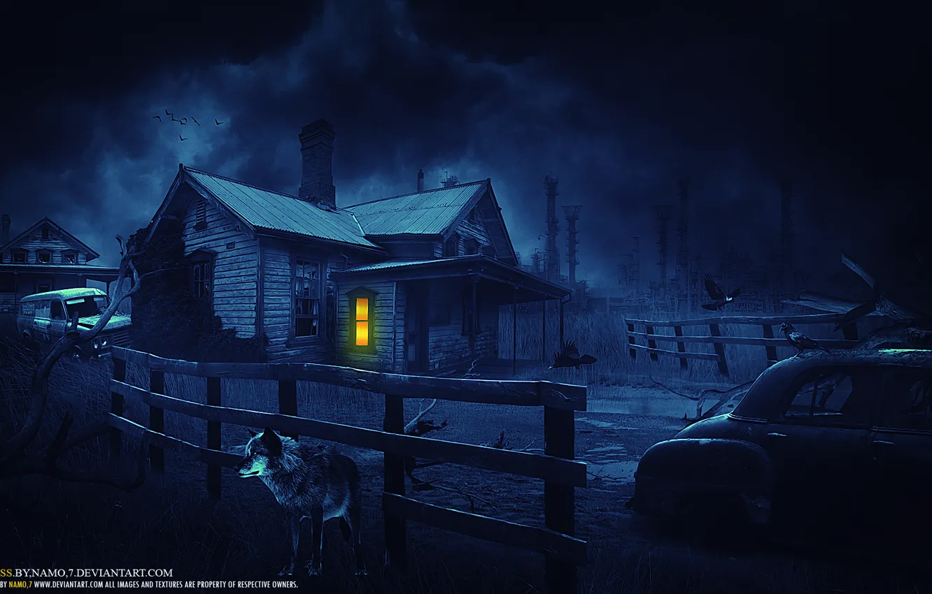 Фото обои ночь, луна, Loneliness, night, the wolf, By Namo
