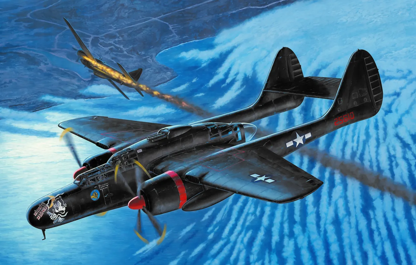 Фото обои art, painting, aviation, WW2, P-61 Black Widow, WAR