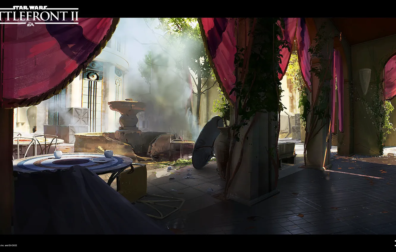Фото обои колонны, фонтан, помещение, Star Wars Battlefront II, Theed City