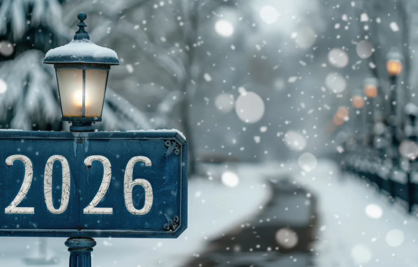 Фото обои winter, snow, New Year, streetlamp, 2026 Year