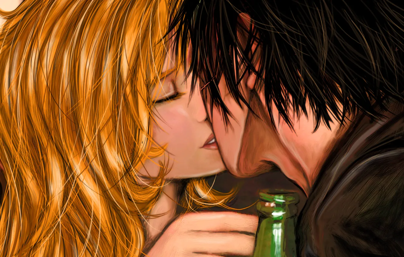 Фото обои девушка, любовь, бутылка, пиво, поцелуй, арт, пара, парень