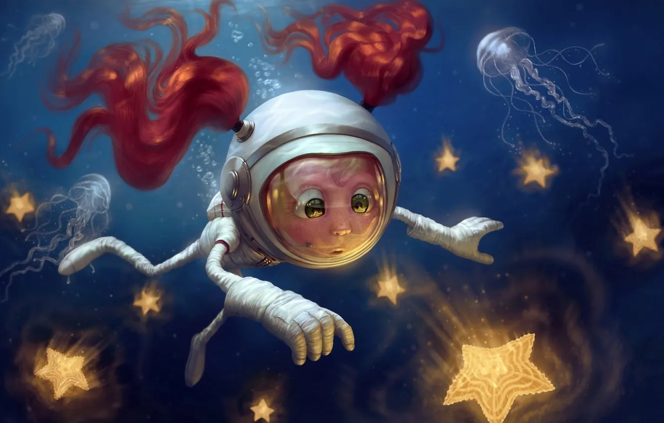 Фото обои звезды, скафандр, арт, медузы, девочка, рыжая, подводный мир, звездочки
