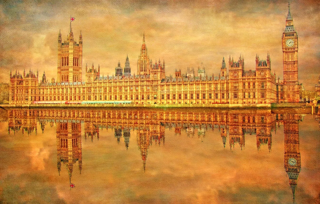 Фото обои небо, река, часы, Англия, Лондон, башня, Темза, холст