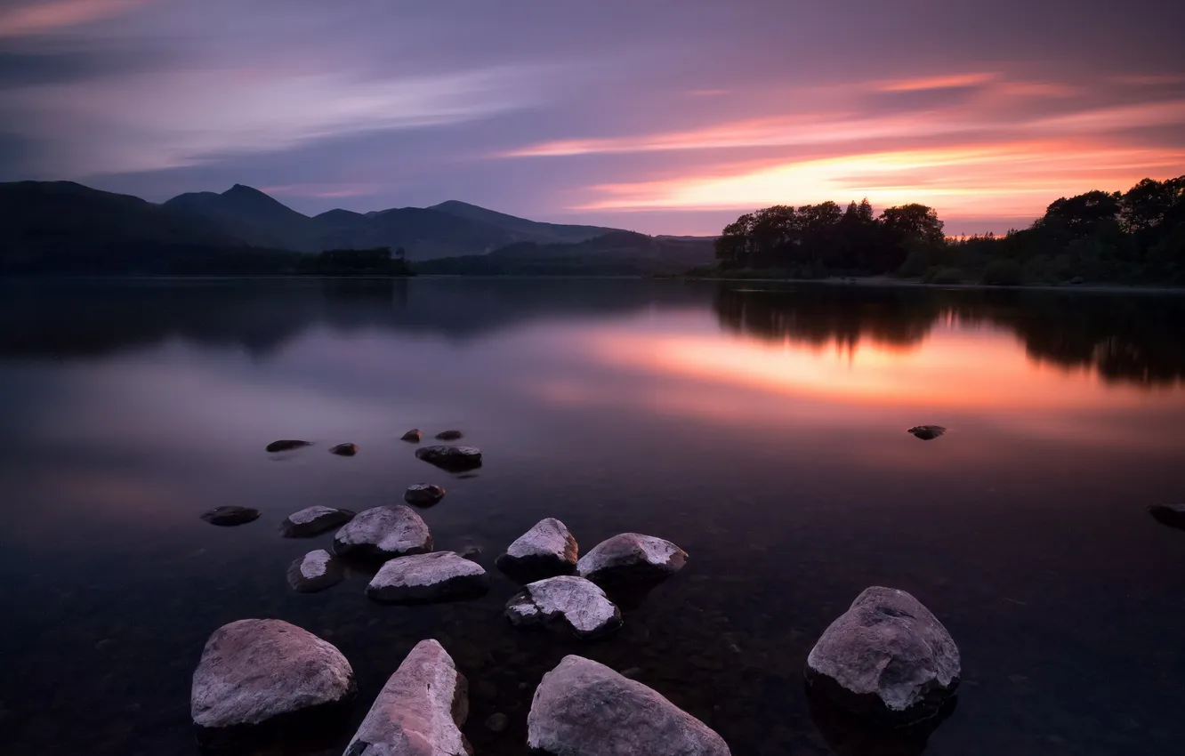 Фото обои закат, озеро, камни