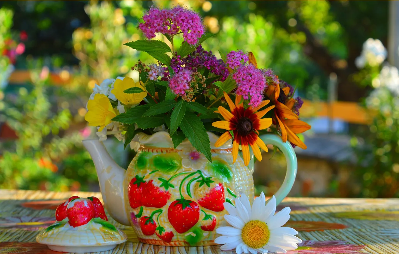 Фото обои Цветы, Букет, Flowers, Colors, Bouquet, Чайник