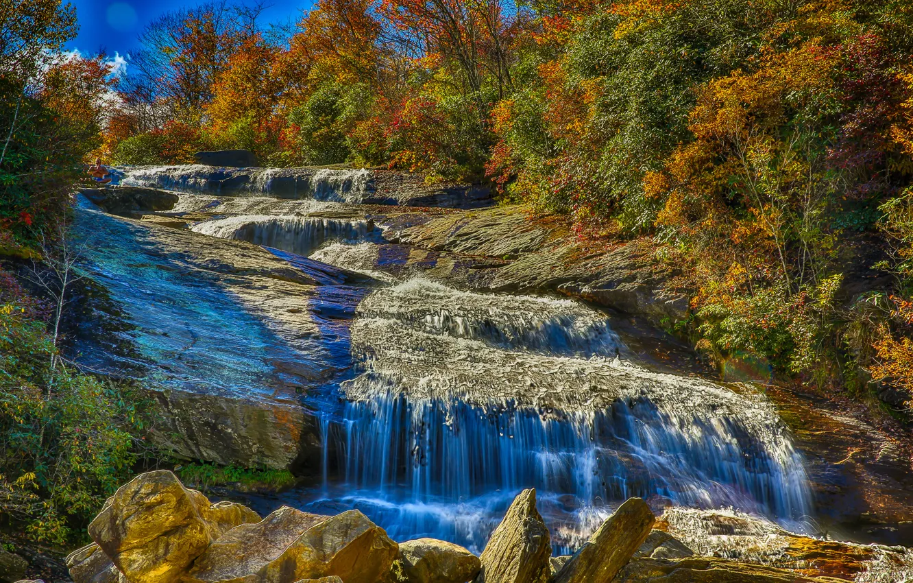 Фото обои осень, лес, деревья, горы, река, скалы, водопад, поток