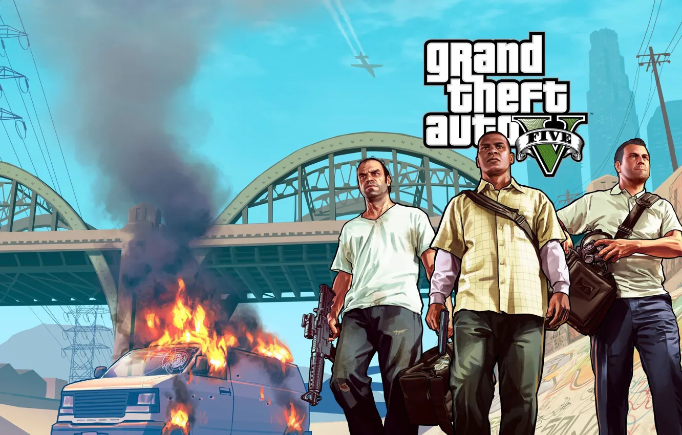 Фото обои мост, бандиты, фургон, Michael, Майкл, грабители, Grand Theft Auto V, gta5