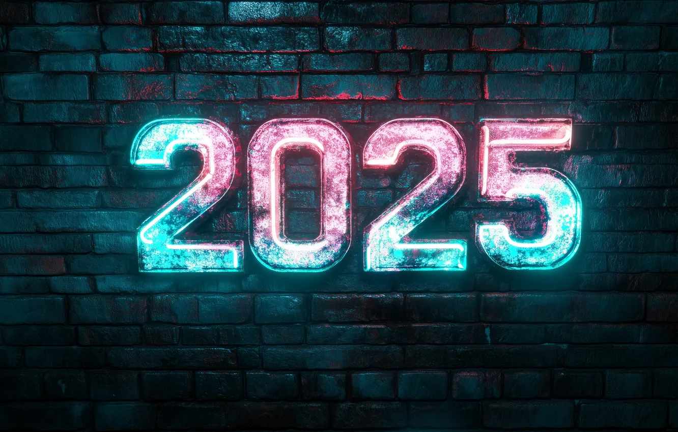 Фото обои темный фон, стена, свечение, цифры, Новый год, кирпичи, дата, 2025