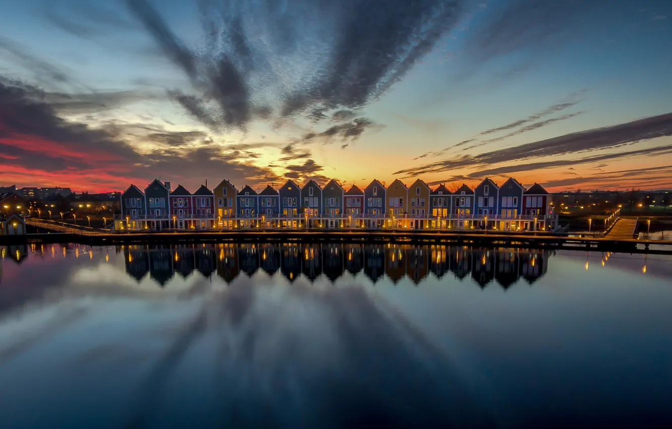 Фото обои огни, отражение, дома, вечер, Нидерланды, Хаутен