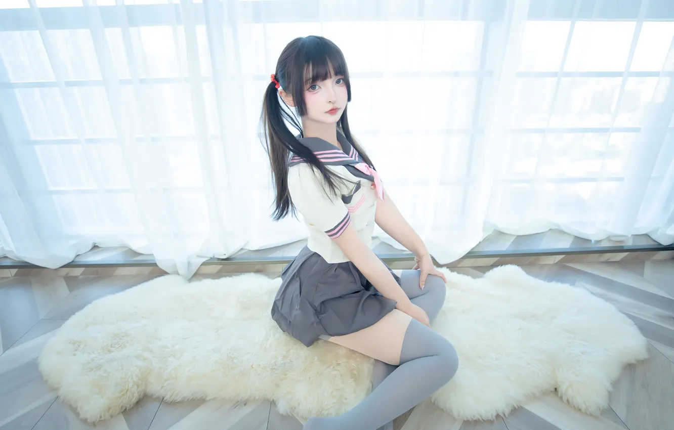Фото обои Asian, school uniform, twintails, model, women, cosplay, Mafuyu Kagurazaka