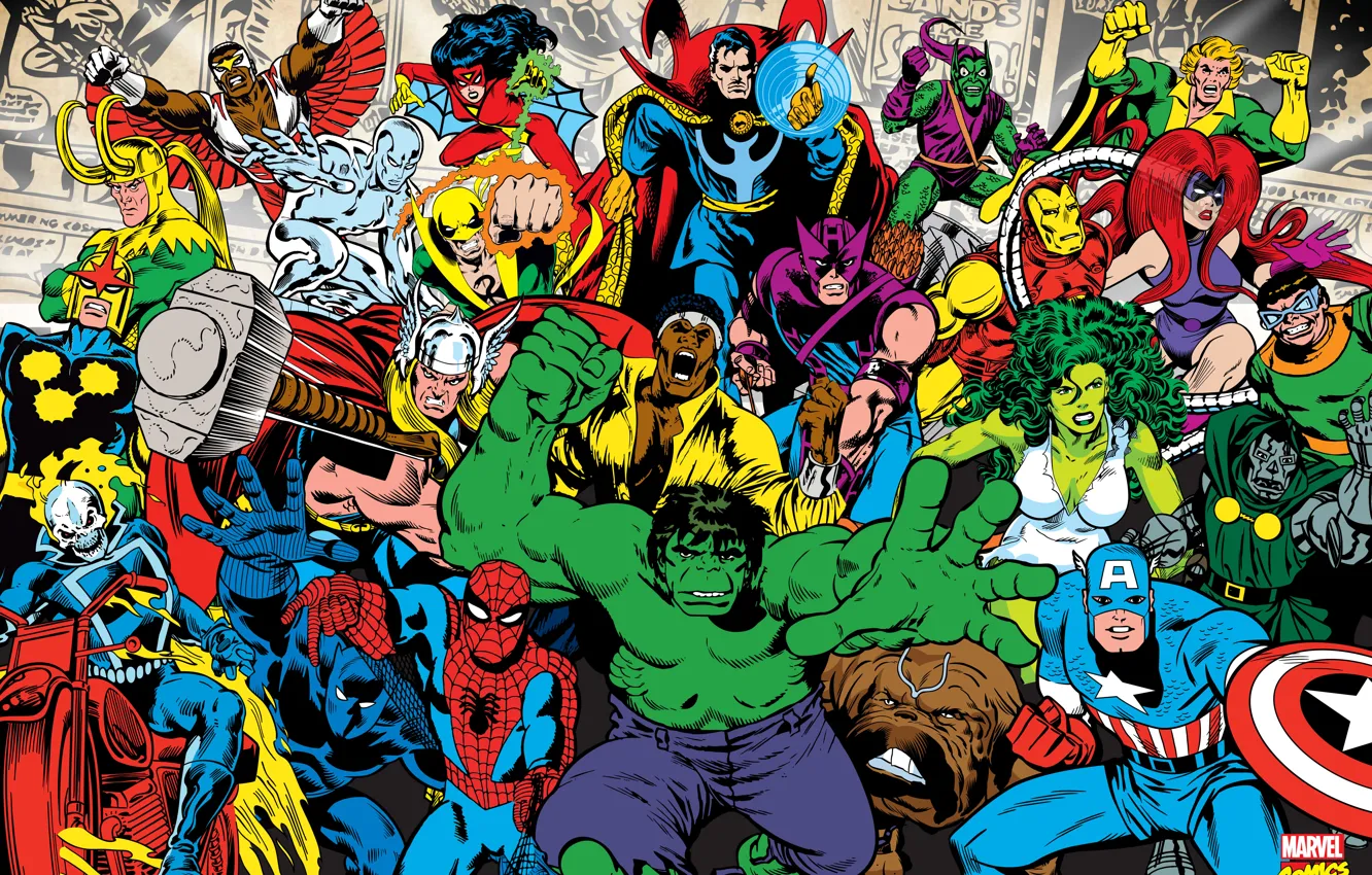 Фото обои Ghost Rider, Hulk, Iron Man, комикс, Medusa, Nova, Falcon, марвел
