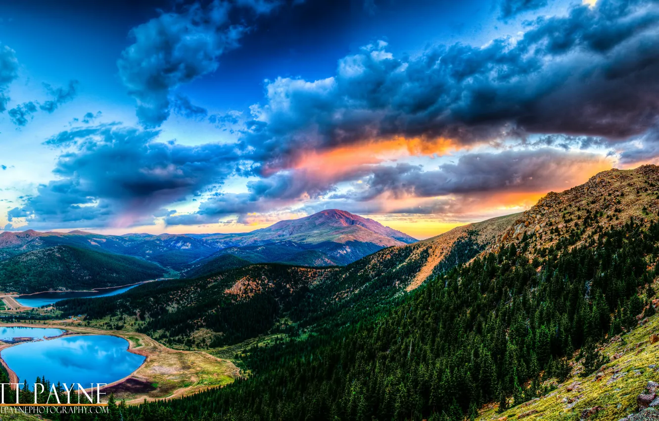 Фото обои лес, облака, закат, горы, озеро, Matt Payn