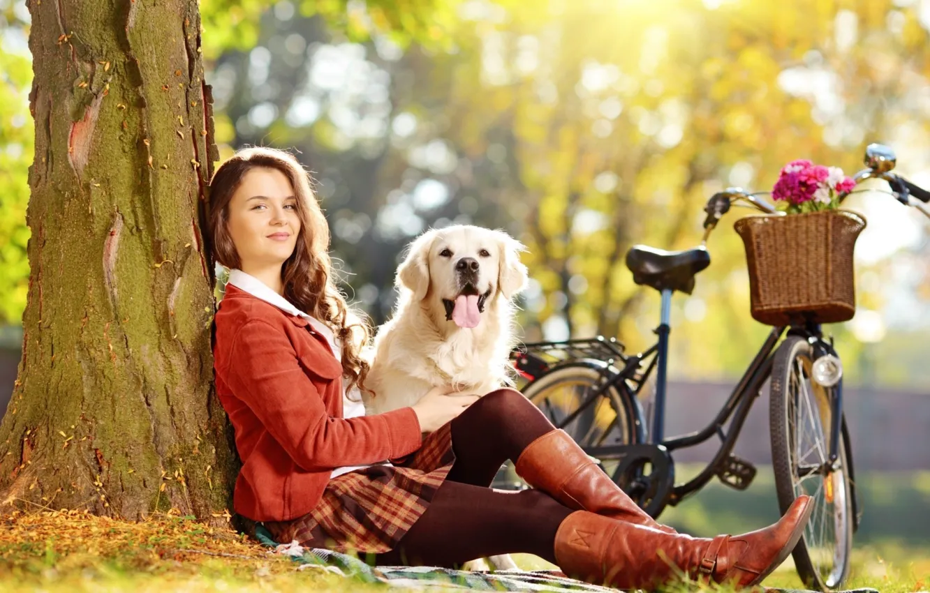 Фото обои девушка, природа, велосипед, пес