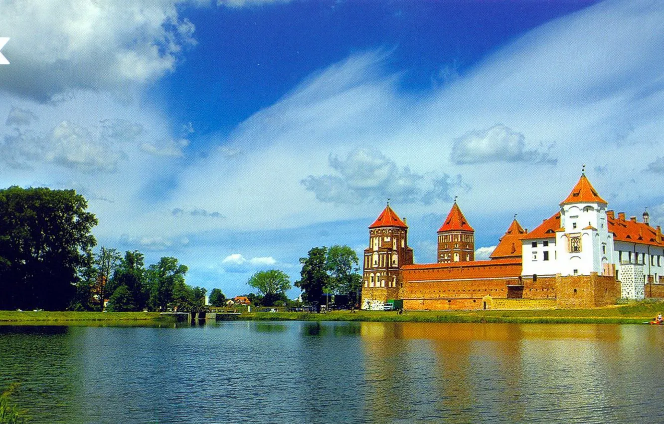 Фото обои вода, замок, Мірскі замак, Мирский замок