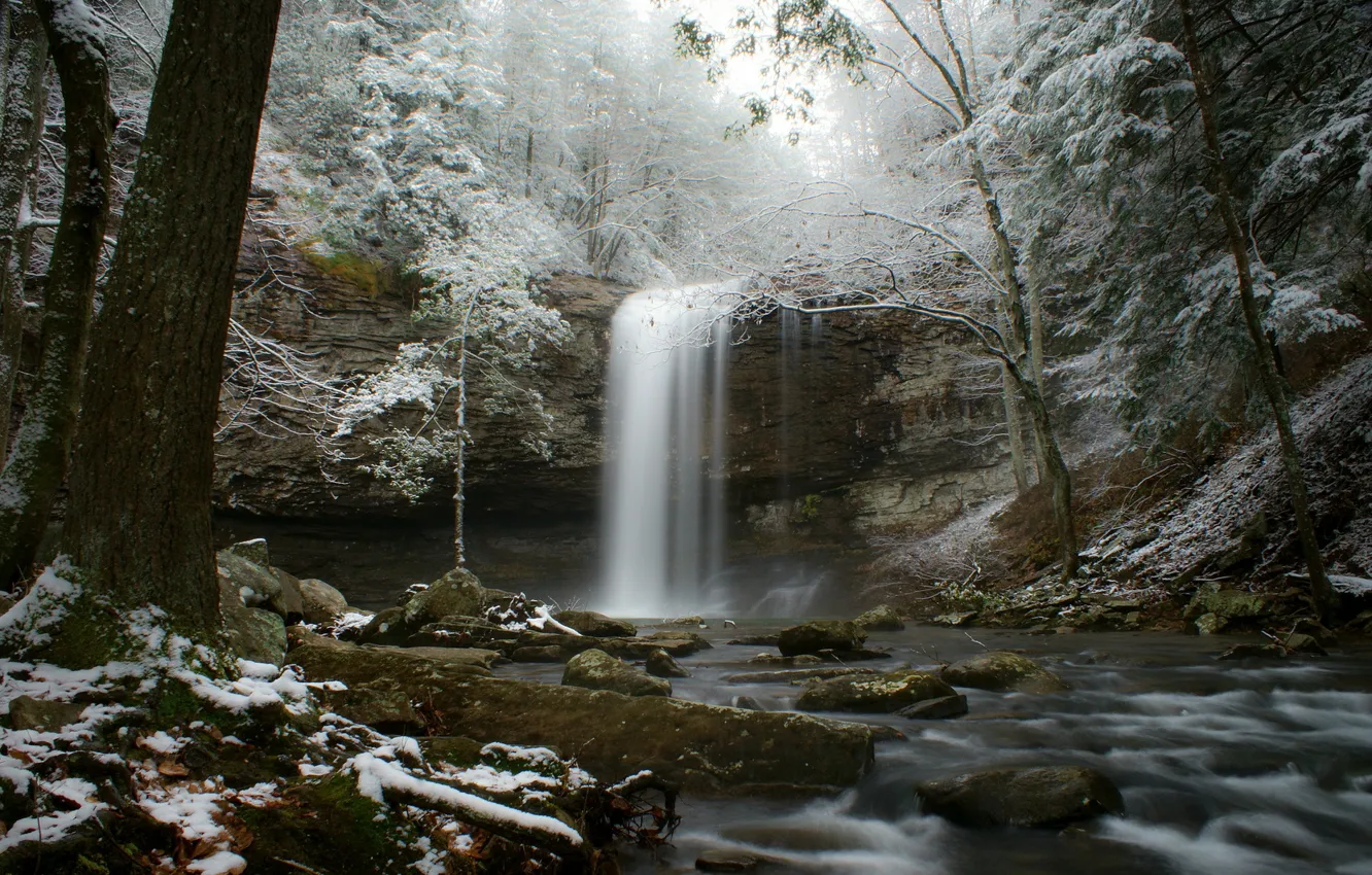 Фото обои зима, иней, лес, снег, река, водопад, поток