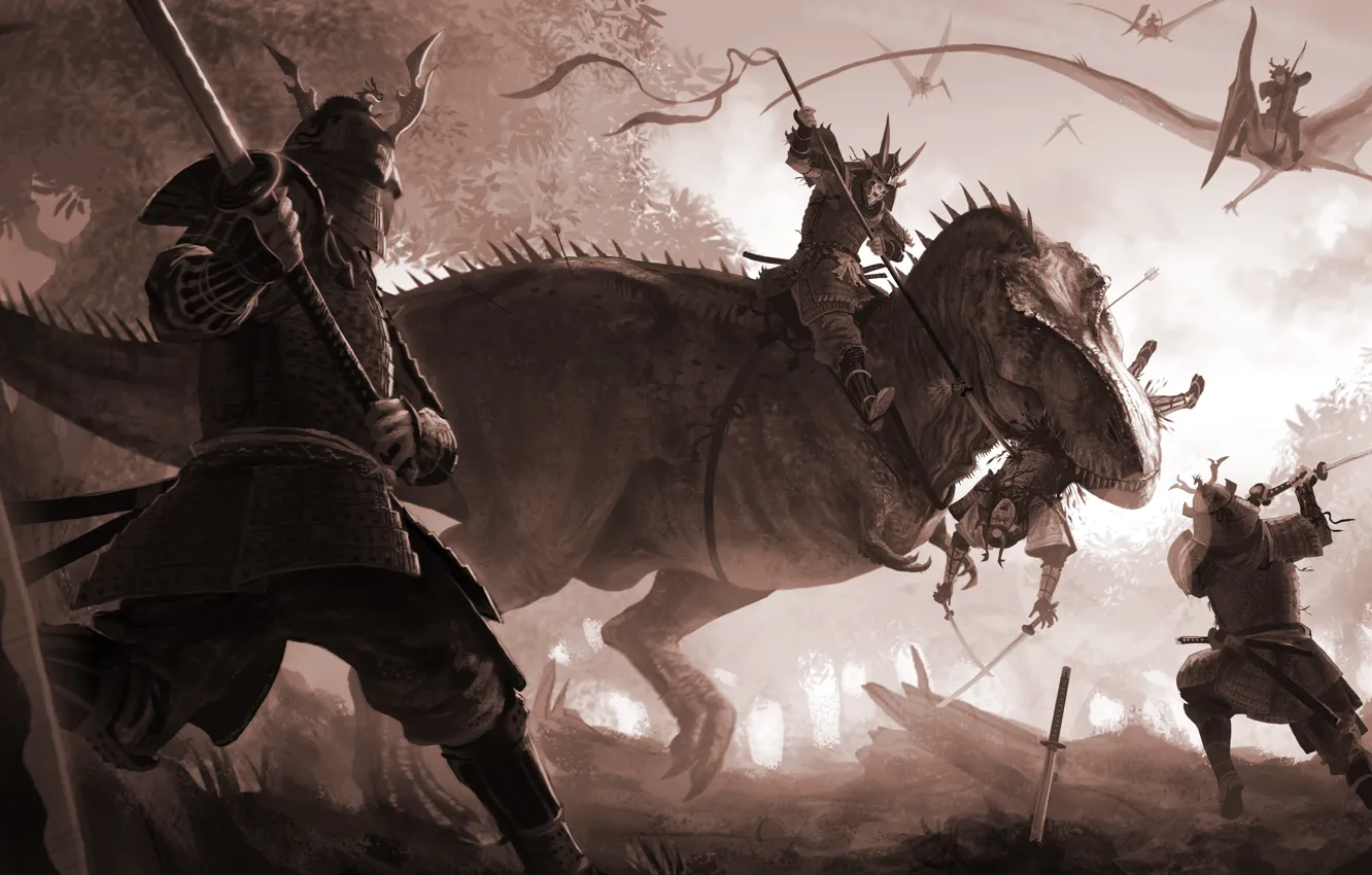 Фото обои динозавр, меч, катана, арт, ящер, битва, Samurai, птеродактиль